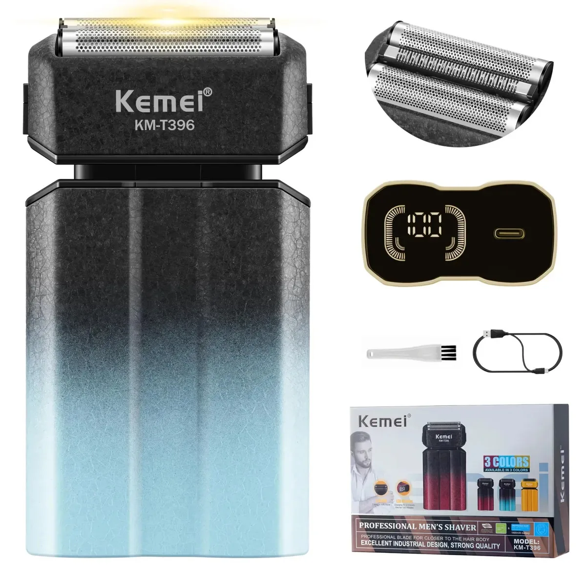 Barbeador sem fio recarregável Kemei Km-t396 110v 240v, barbeador elétrico profissional de metal sem fio, barbeador de barba para homens, aparador de barba facial recarregável USB, 3
