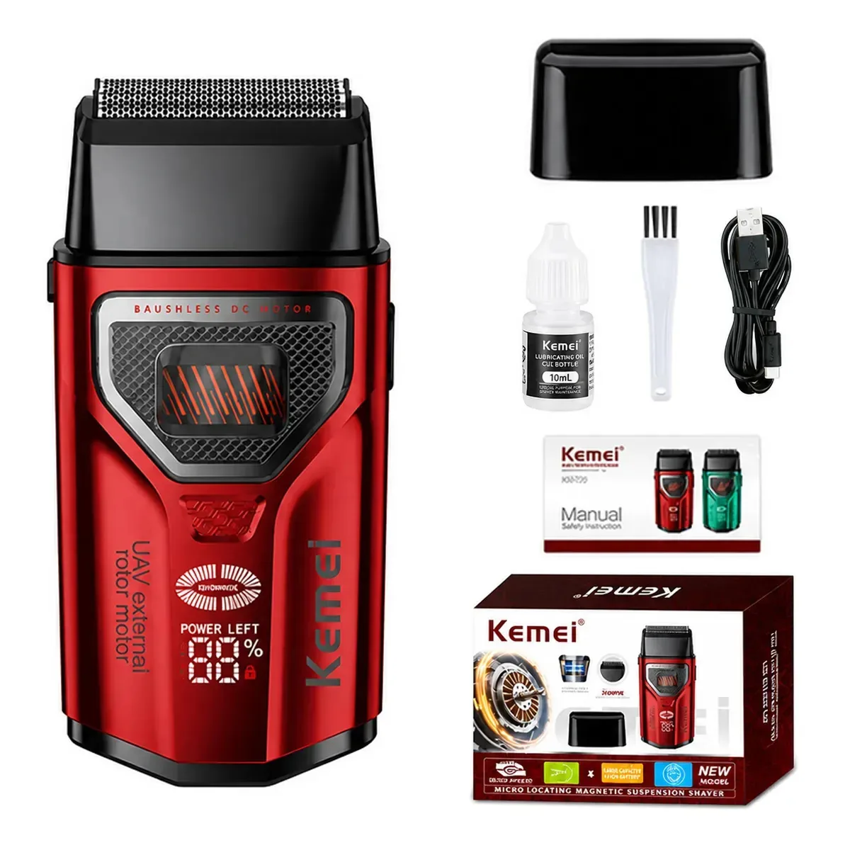 Barbeador e aparador elétrico de barba Kemei Km-t299, barbeador elétrico profissional de metal sem fio, barbeador de barba para homens, aparador de barba facial recarregável USB, vermelho