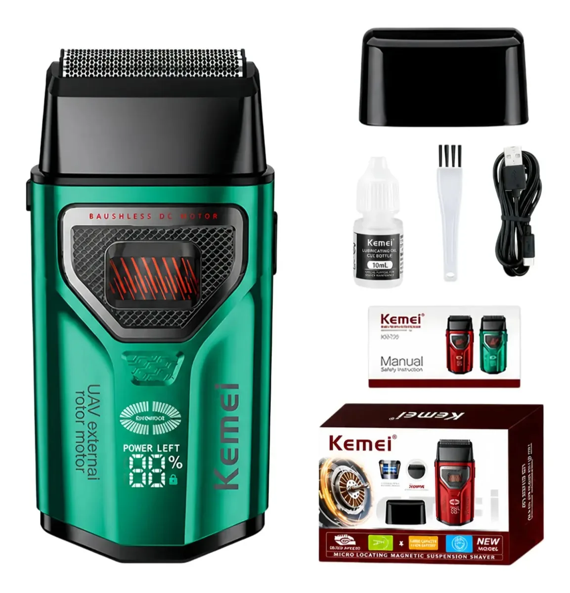 Barbeador e aparador elétrico de barba Kemei Km-t299, barbeador elétrico profissional de metal sem fio, barbeador de barba para homens, aparador de barba facial recarregável USB, verde