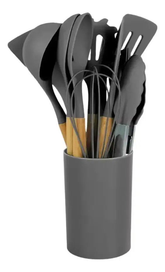 12 Pcs Kit De Madeira Cozinha Utensílios De Cozinha Silicone Cor Grafite
