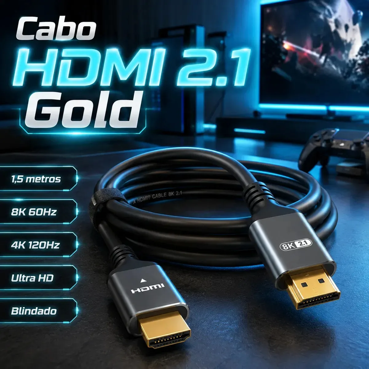 Cabo Hdmi 1,5 metros 2.1 Gold 8K 60Hz 4K 120Hz Ultra HD Blindado Para Games TV Consoles PC Projetor