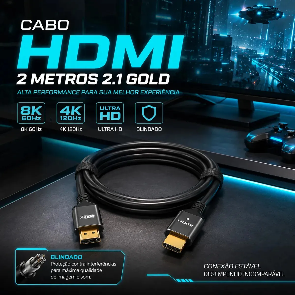 Cabo Hdmi 2 metros 2.1 Gold 8K 60Hz 4K 120Hz Ultra HD Blindado Para Games TV Consoles PC Projetor