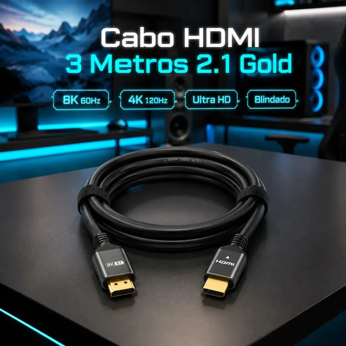 Cabo Hdmi 3 metros 2.1 Gold 8K 60Hz 4K 120Hz Ultra HD Blindado Para Games TV Consoles PC Projetor