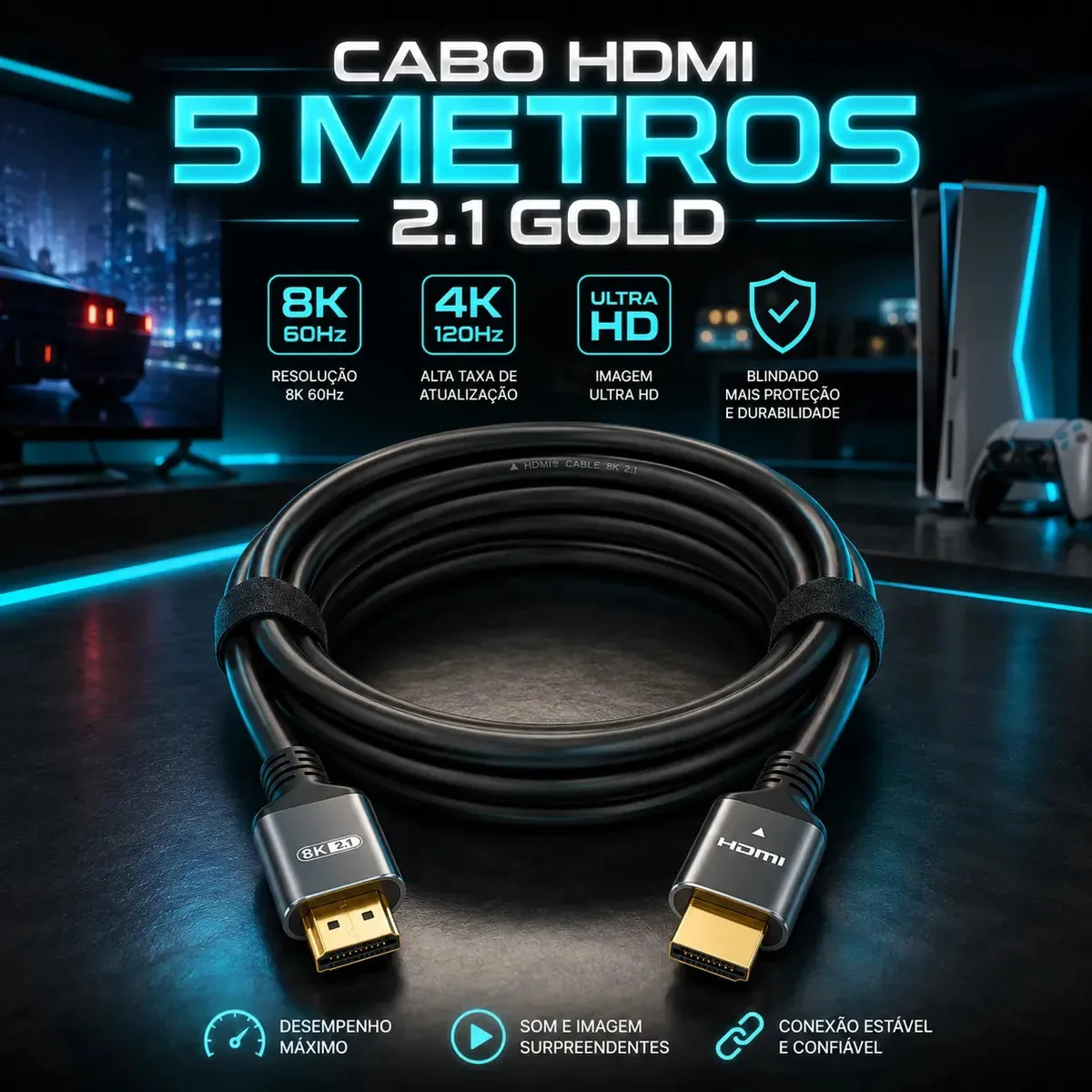 Cabo Hdmi 5 metros 2.1 Gold 8K 60Hz 4K 120Hz Ultra HD Blindado Para Games TV Consoles PC Projetor