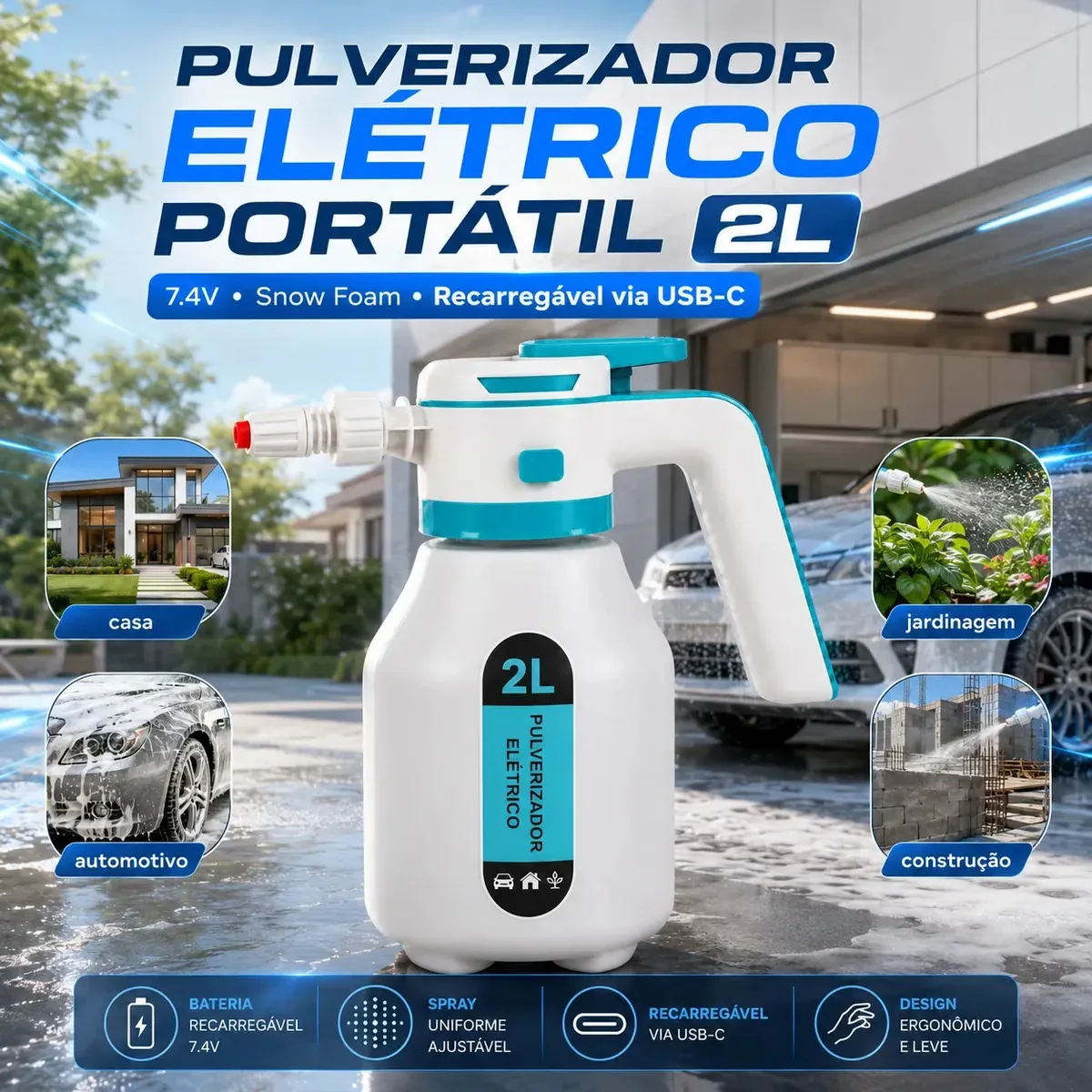 Pulverizador Elétrico VERUNTO 2 L para Carro, Jardim e Casa, com Bateria