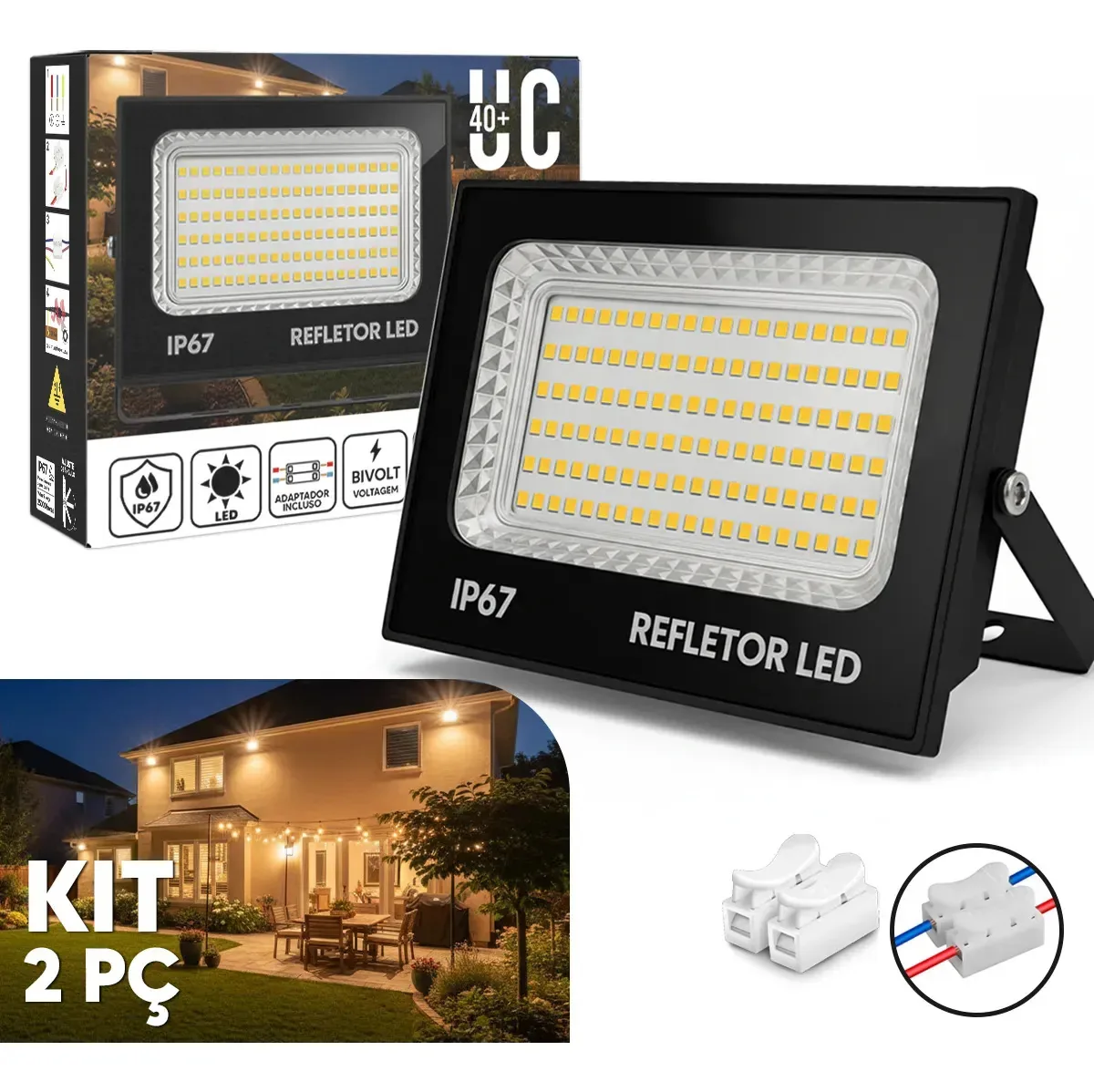 Kit 2 Refletores Led 500w Ip67 Branco Quente 3500k Para Iluminação Externa Residencial Comercial E Industrial