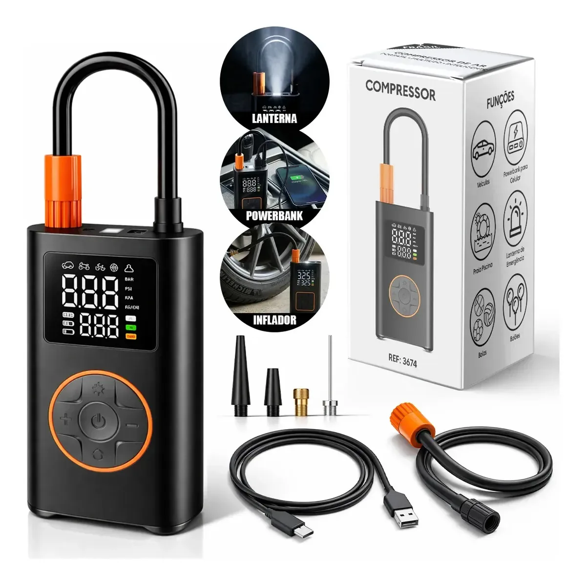 Compressor De Ar Digital Car Air Pump Portátil Recarregável Usb Powerbank 4000mah Tela Digital Led Bomba Elétrica Para Pneus E Emergências