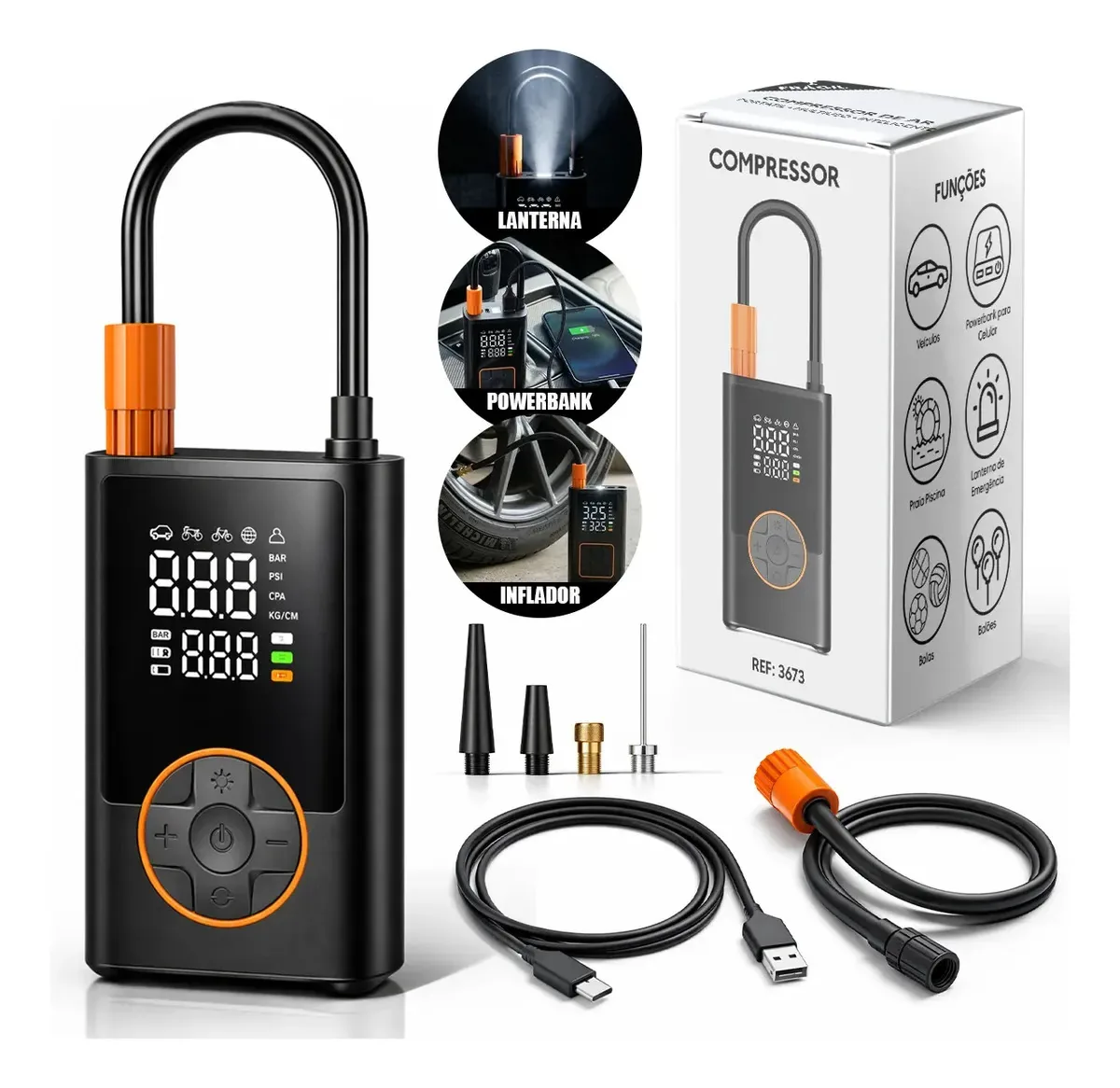 Compressor De Ar Portátil Car Air Pump Recarregável Usb Powerbank 4000mah Tela Digital Led Bomba Elétrica Para Pneus E Emergências