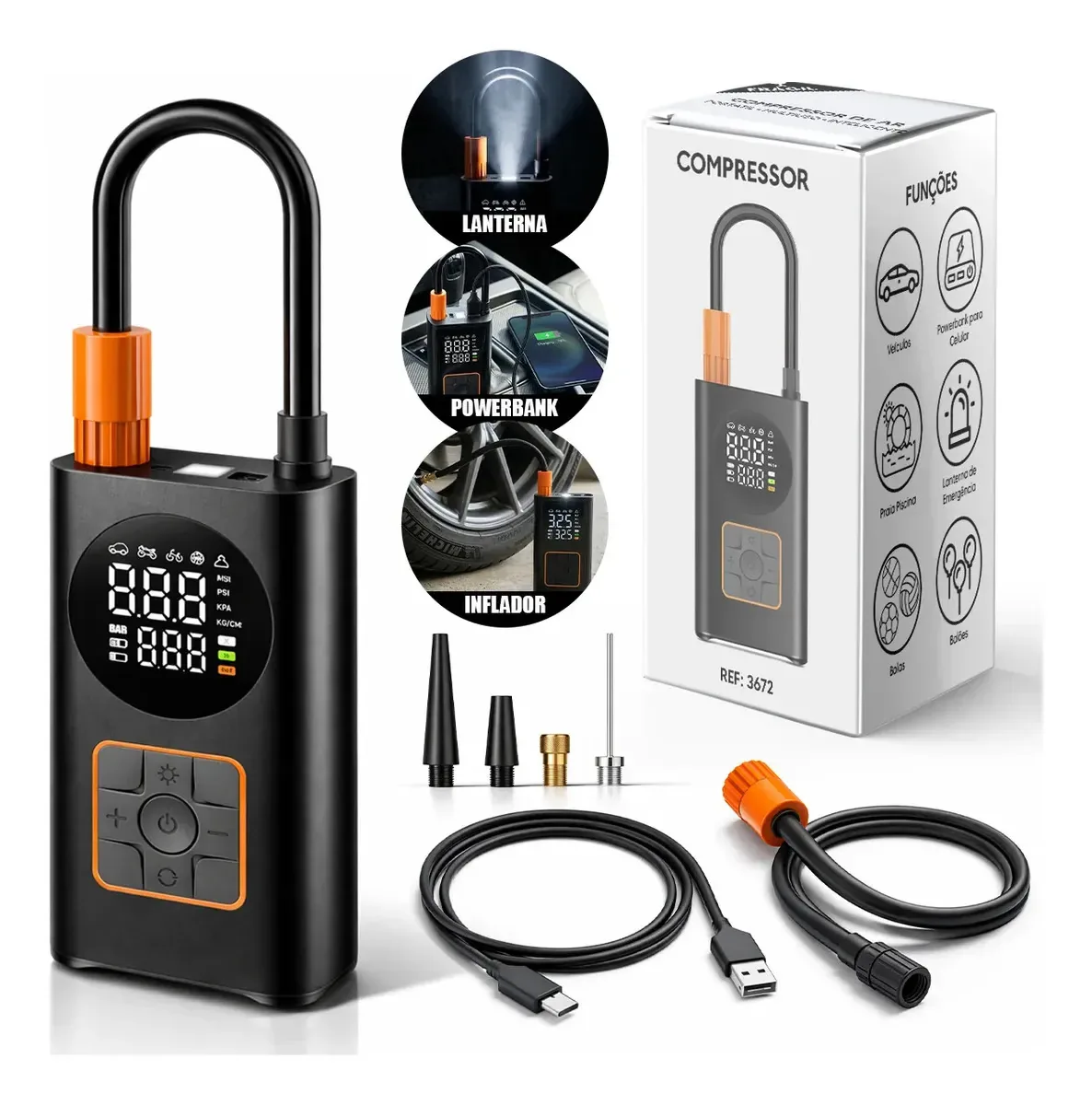 Compressor De Ar Mini Portátil Car Air Pump Recarregável Usb Powerbank 4000mah Tela Digital Led Bomba Elétrica Para Pneus E Emergências