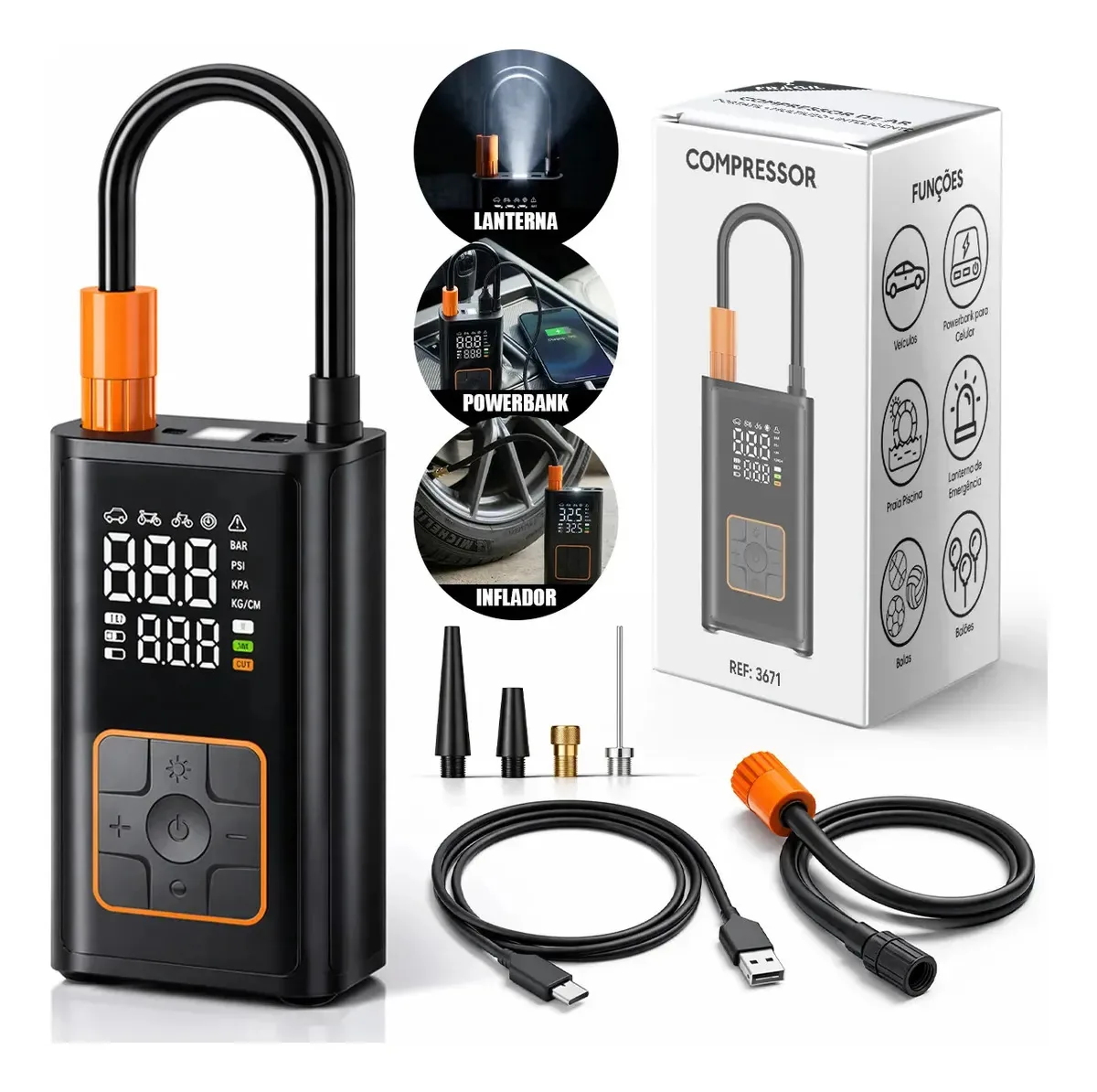 Compressor De Ar Mini Portátil Recarregável Usb Powerbank 4000mah Tela Digital Led Bomba Elétrica Para Pneus E Emergências
