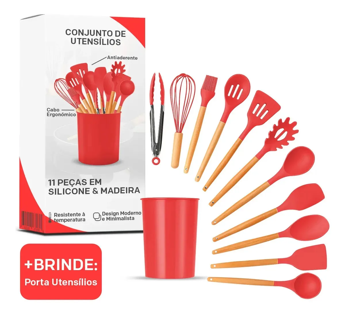 Kit 12 Utensílios De Cozinha Jogo De Talheres Vermelho Porta Utensílios Em Silicone Ergonômico Com Cabo De Madeira Antiaderente