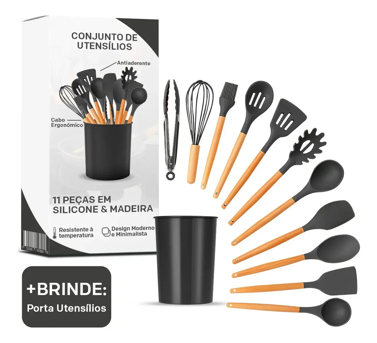 Jogos De Talheres Utensílios 11 Peças Preto Utensílios De Cozinha Em Silicone Com Cabo De Madeira Leve Mais Porta Utensílios Ergonômico Antiaderente
