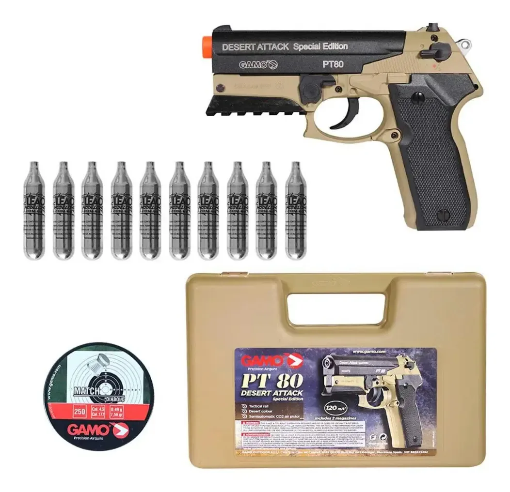Pistola Co2 Gamo Pt80 Desert Attack 4.5mm + Case Chumbo Co2