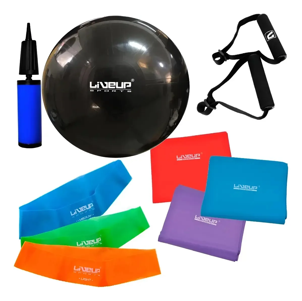 Kit Pilates Completo com Bola Pilates 65cm, 3 Faixas Elásticas e 3 Mini Band