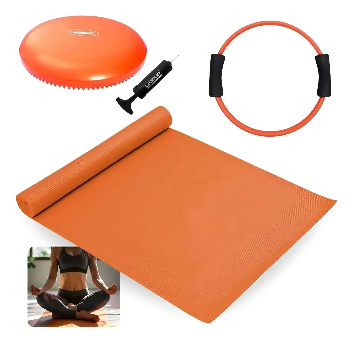 Colchonete Tapete Yoga Eva 1,73 M + Disco Equilíbrio + Anel Laranja