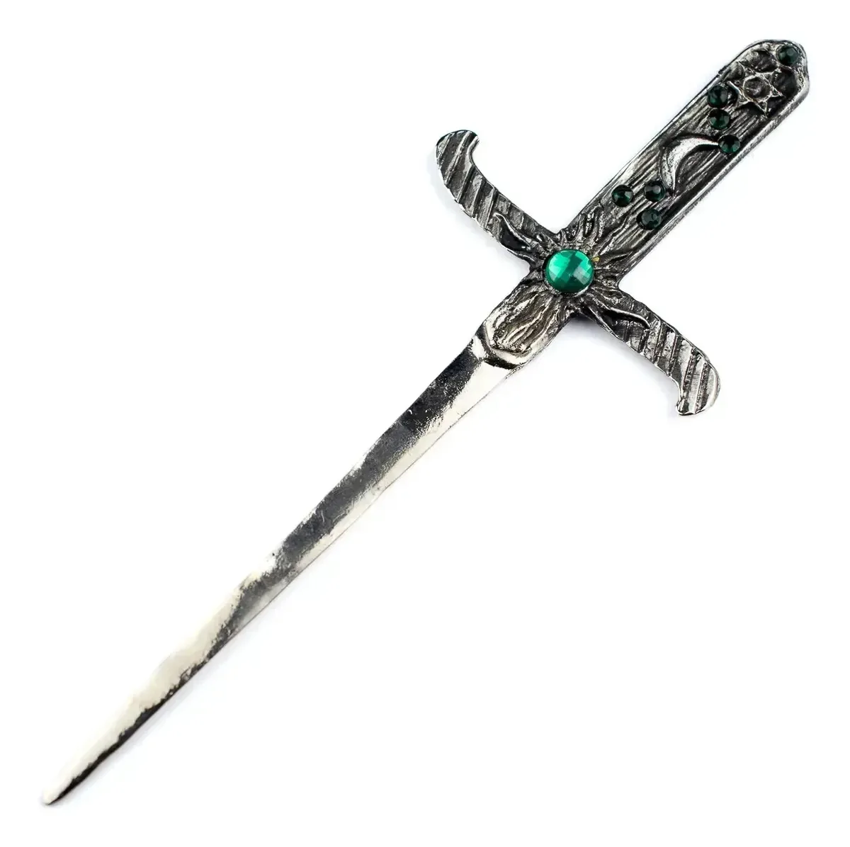 Athame Metal Prata Velho 19 Cm Pedras Verdes E Strass