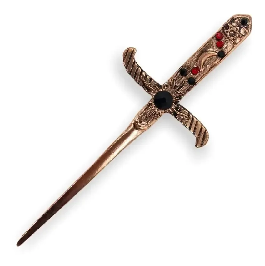 Adaga Metal Cobre Envelhecido 19 Cm Pedras Preta E Vermelha