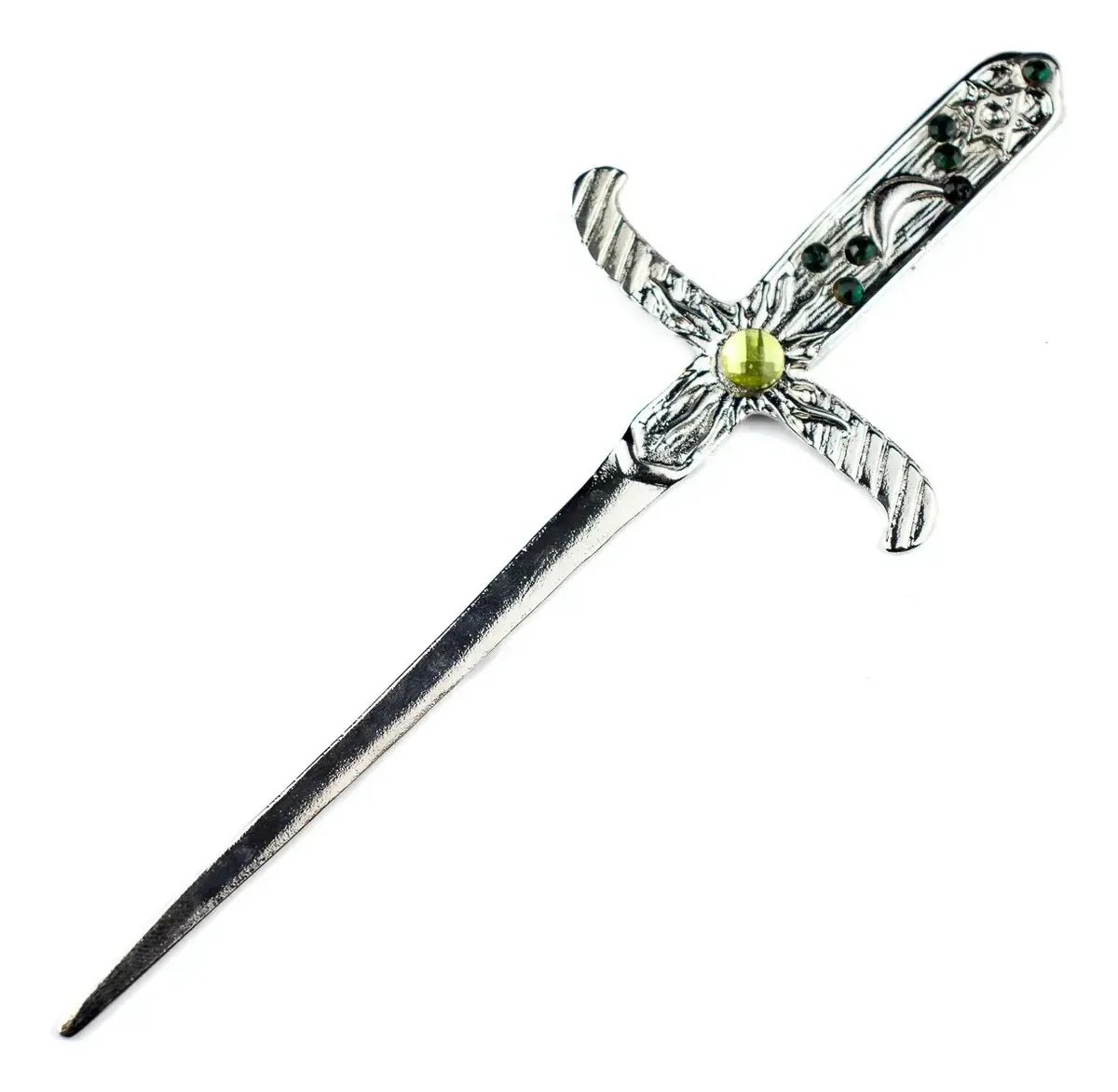 Athame Metal Prata 19 Cm Pedra Verde E Strass