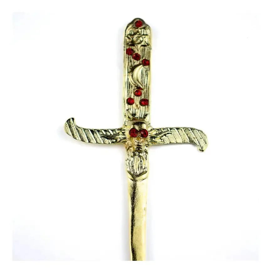 Athame Crânio Em Metal Dourado Brilhante 19 Cm Pedra Verm