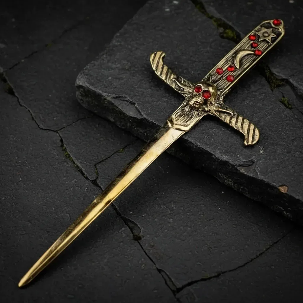 Athame Crânio Em Metal Dourado Envelhecido 19 Cm