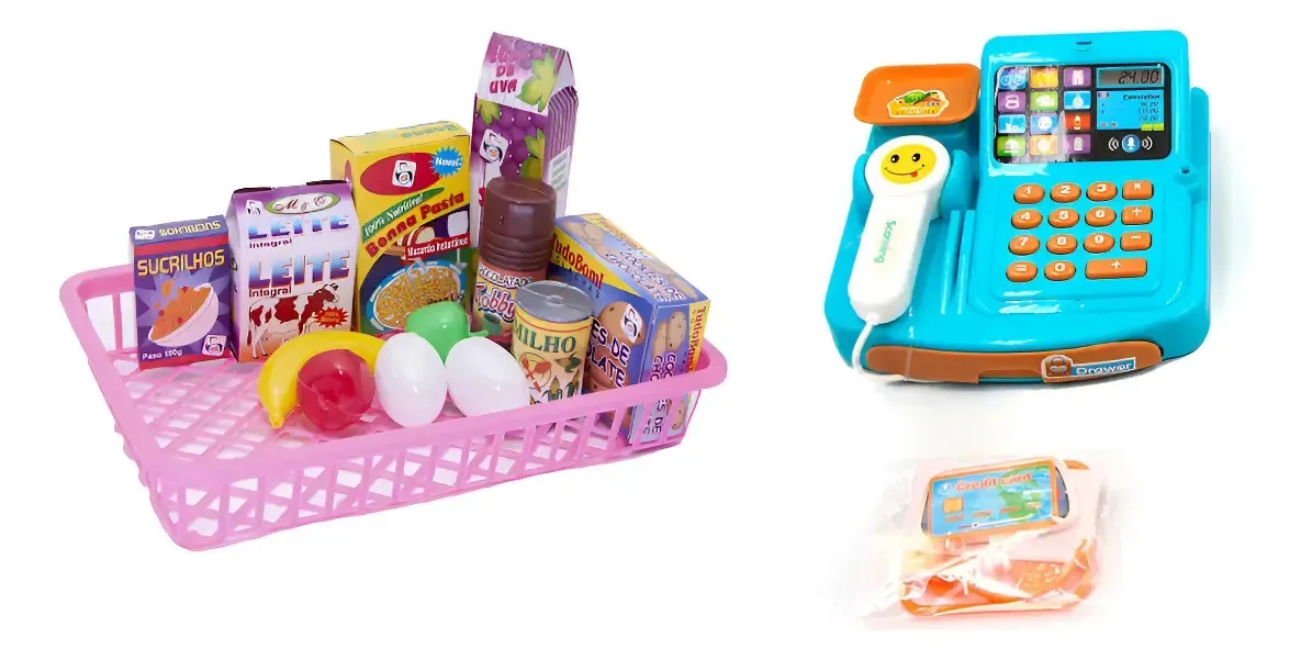 Kit Caixa Registradora C/ Som Cestinha Frutas Comida Multicolorido