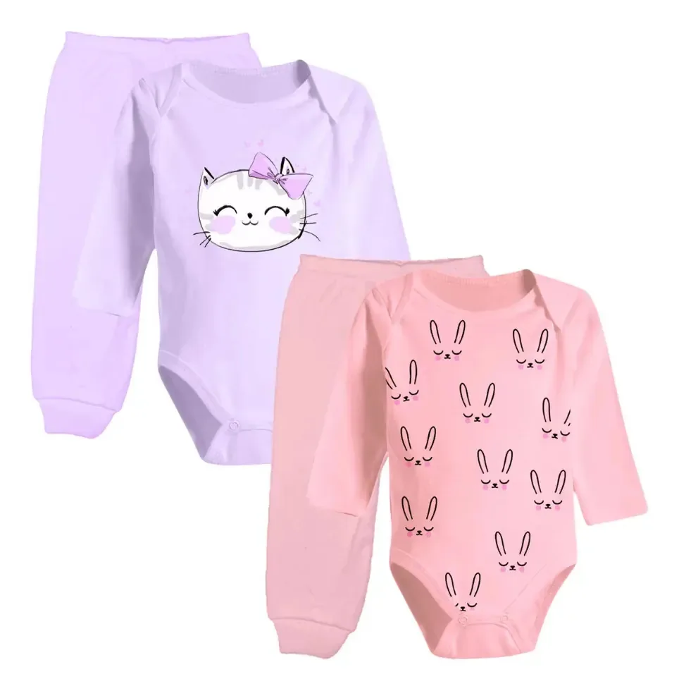 Conjuntos Para Bebê 4 Body Manga Longa E Mijão Algodão Cor Menina Tamanho G
