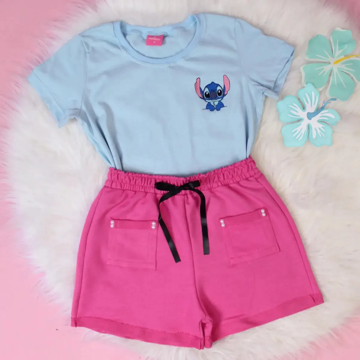 Conjunto Verão Infantil Menina Short + Blusinha Cor Azul-claro Stitch - shorts pink