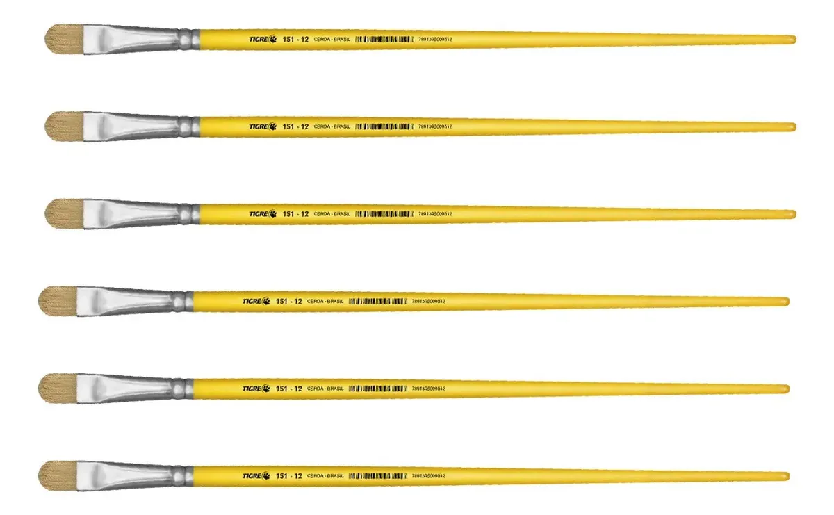 Kit 6 Pincel Chato Lixado Filbert Língua Gato 151 Nº12 Tigre Palha