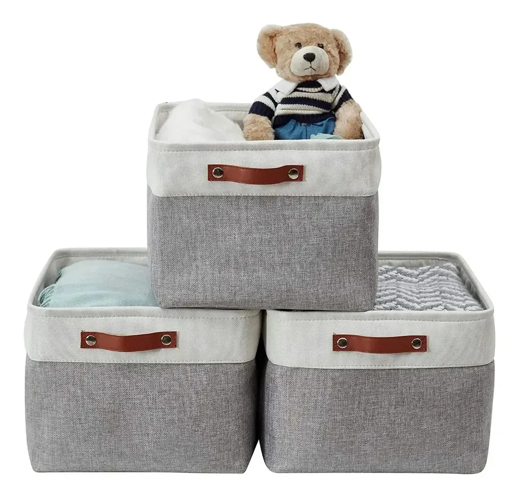 03 Caixas Cesto Organizador Tecido Linho Dobrável 45x35x25cm Cor Cinza