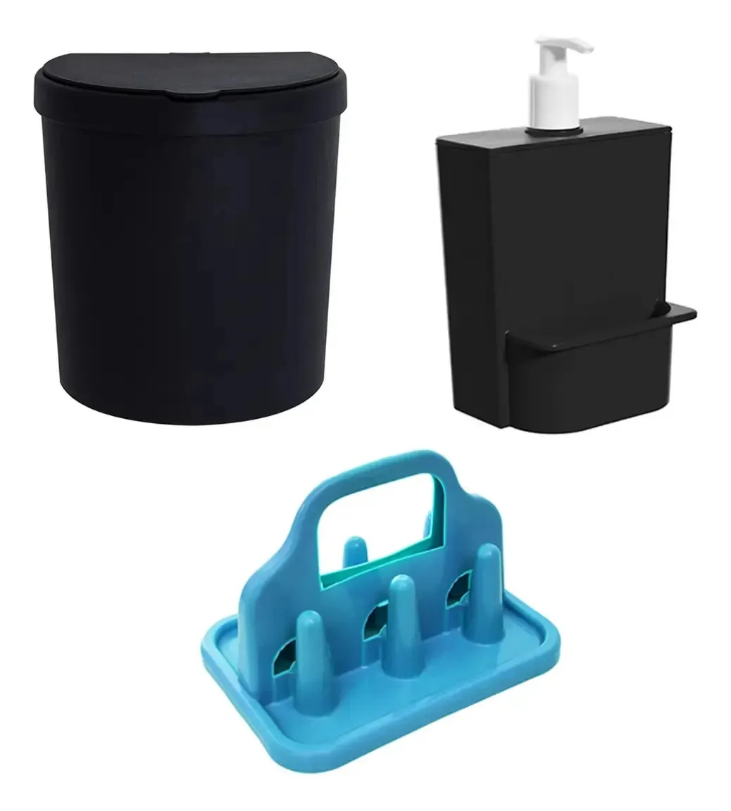 Lixeira Pia Cozinha+dispenser Detergente Esponja+porta Copos Cor Preto