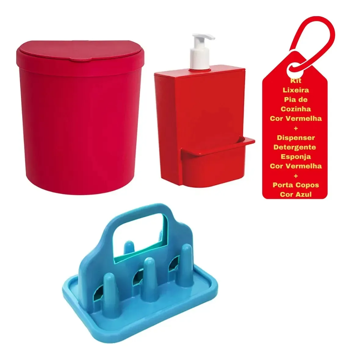 Lixeira Pia Cozinha+dispenser Detergente Esponja+porta Copos Cor Vermelho