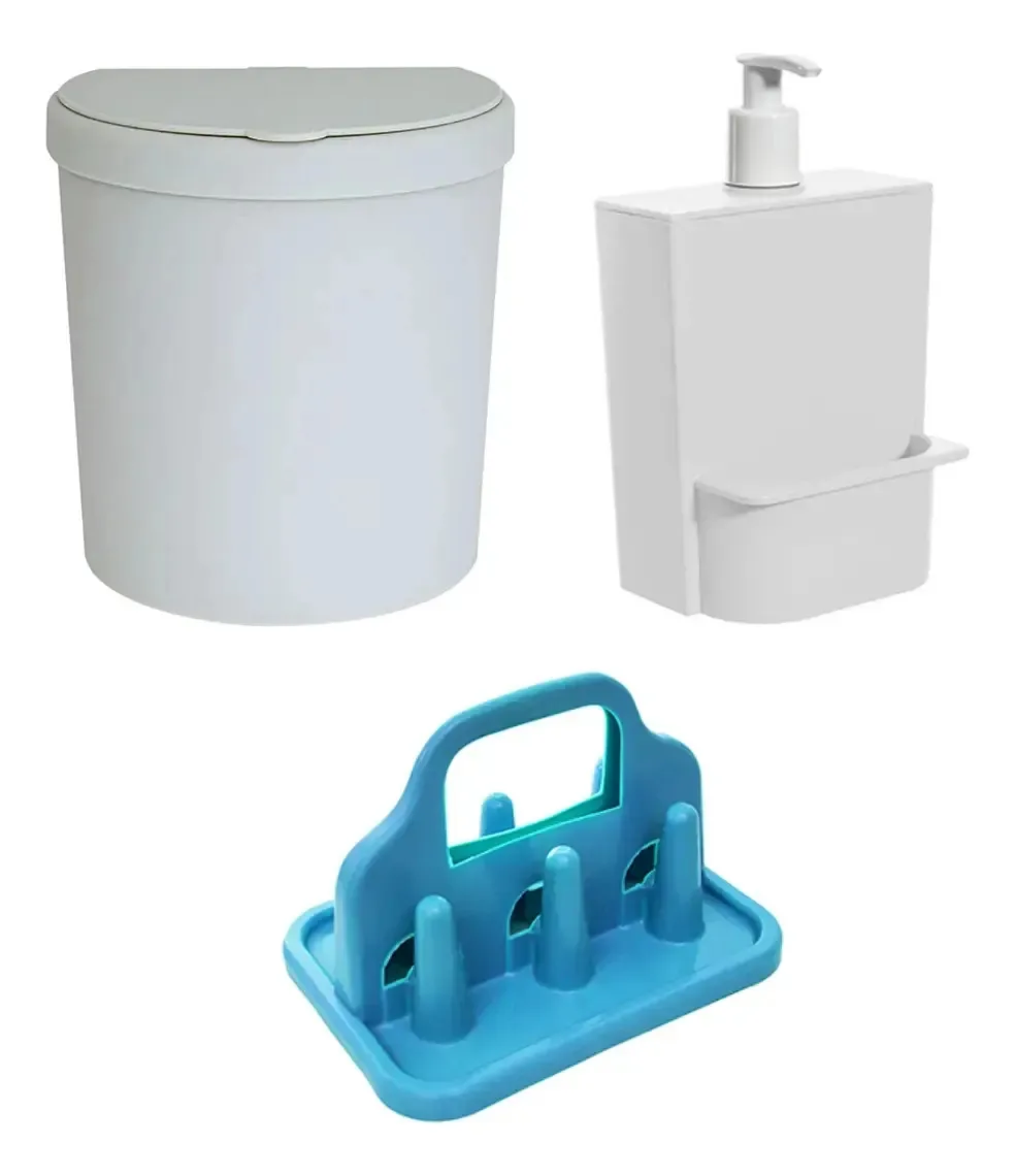 Lixeira Pia Cozinha+dispenser Detergente Esponja+porta Copos Cor Branco
