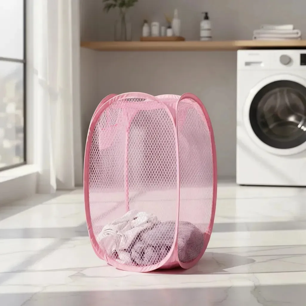 Cesto de Roupa Dobrável em Nylon, Quadrado e Rosa