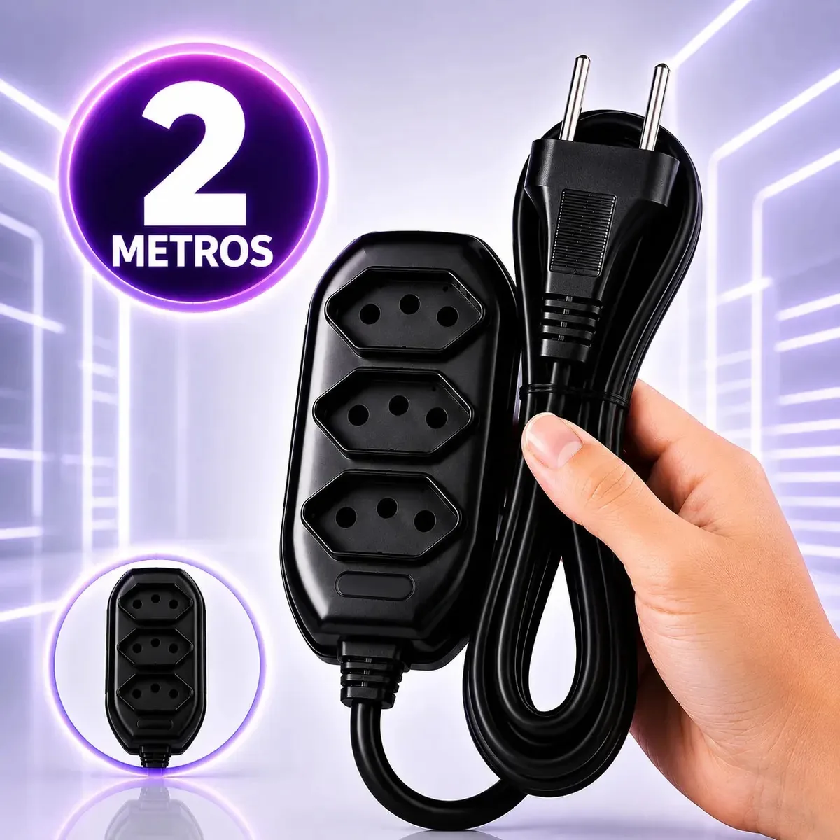 Extensão Elétrica 2 Metros Preto 3 Tomada Tripolar Bivolt 20vinte