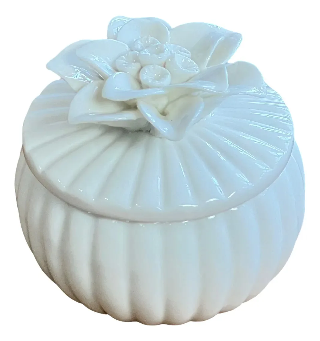Caixa Decorativa Porta Joias Flor Em Cerâmica Branco