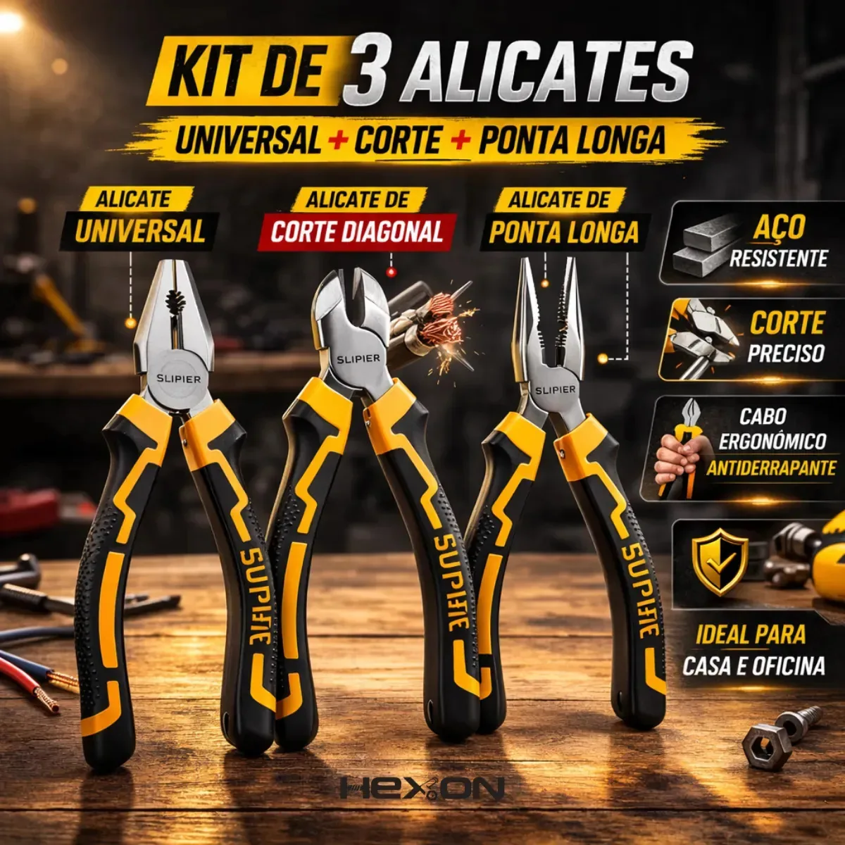 Kit 3 Alicates 8 Polegadas Profissional E Doméstico Alicate Corte Bico e Universal Grande Jogo 3 Alicates Eletricista Kit Ferramentas Utilidade Manuais Alicates Feitos Em Aço Super Resistente Hexon