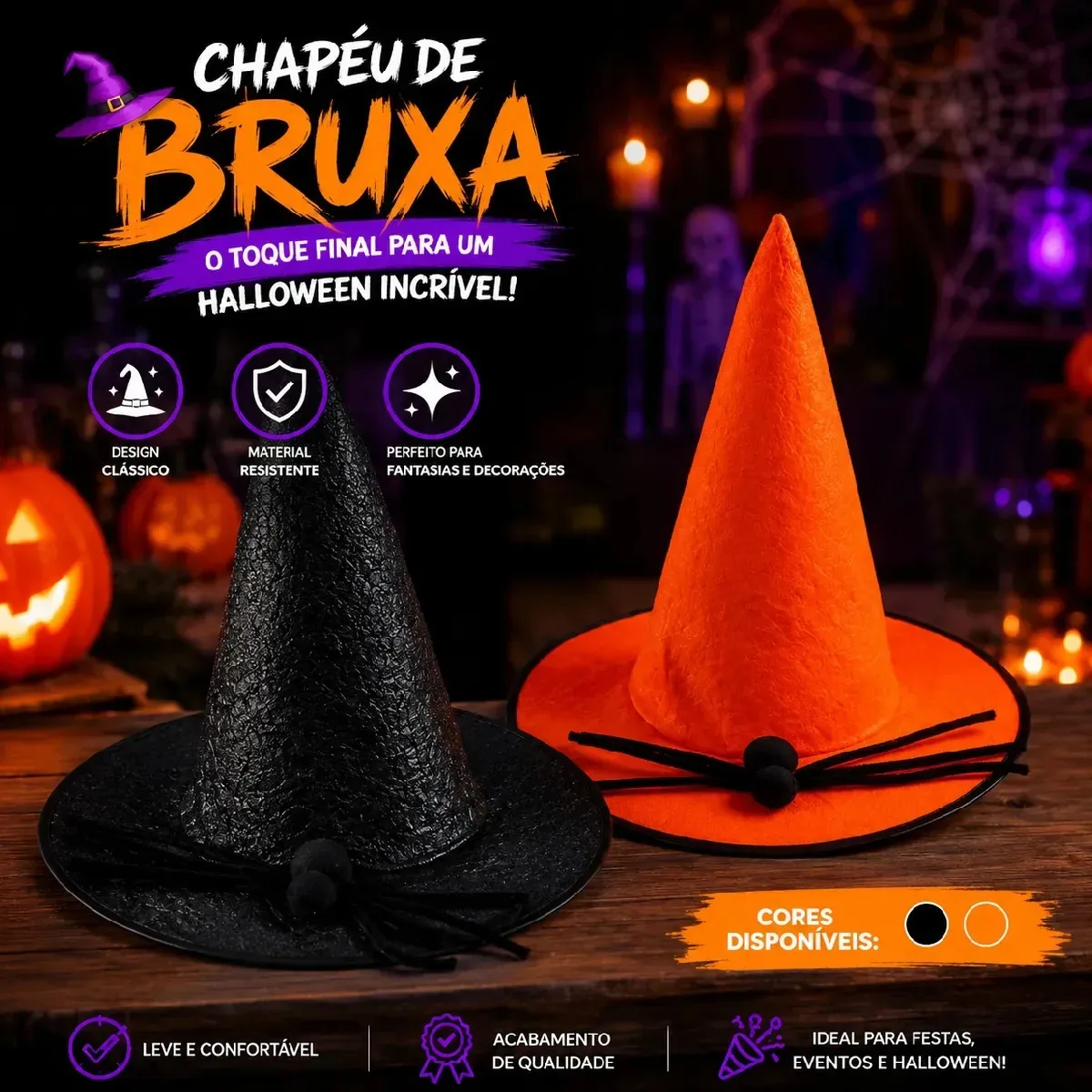 Chapéu de Bruxa Clássico Halloween Fantasia Acessório Festas Cosplay Com Faixa Sambalelê Artigos Para Festas E Descartáveis Cor Laranja