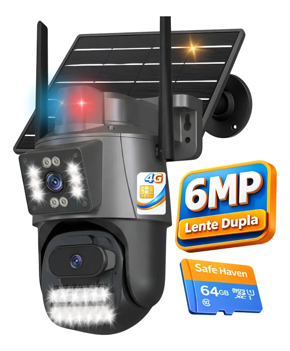 Câmera Segurança Ip 4g Lente Dupla Hd Sirene Policia Câmera Com Cartão De Memória 64gb