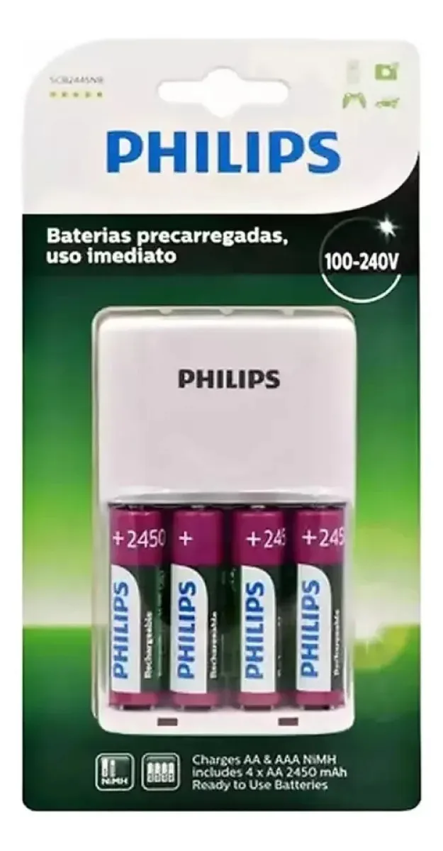 Carregador De Pilhas Com 4 Pilhas Aa De 2450mah