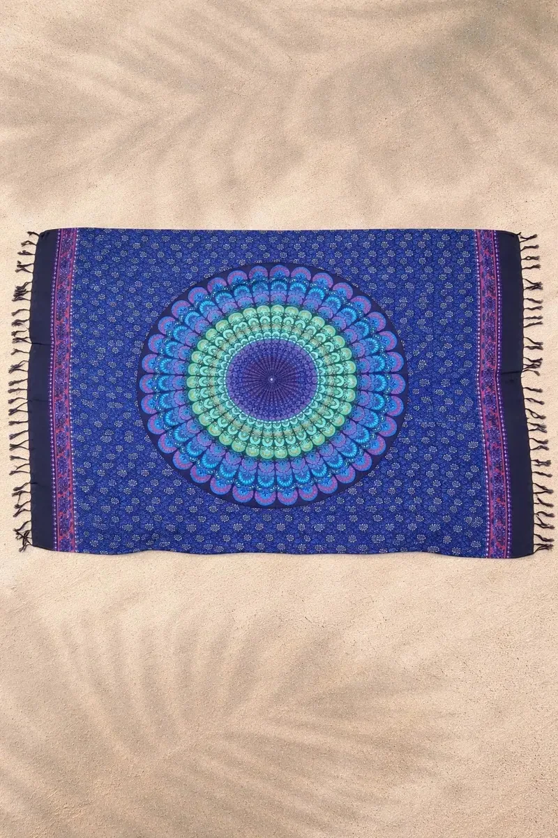 Canga De Praia Viscose Estampada Grande Mandala Azul Unico Mandala
