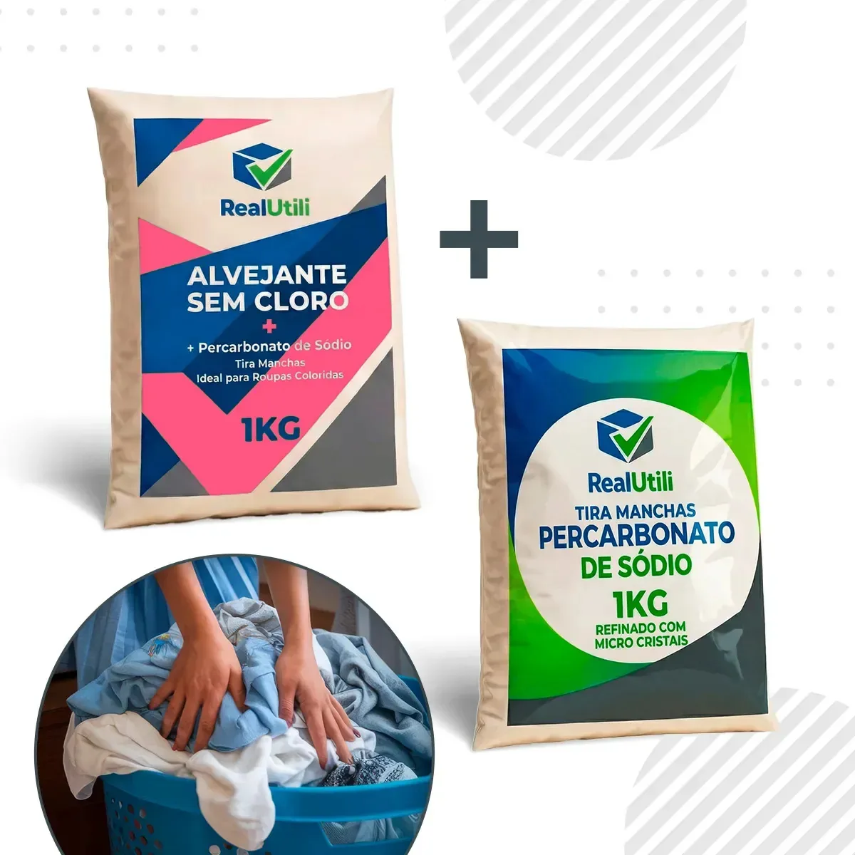 2 Kits Percarbonato De Sódio + Alvejante Tira Manchas Roupas Brancas e Coloridas Clareador Pó Sem Cloro Desinfeta Limpeza - RealUtili
