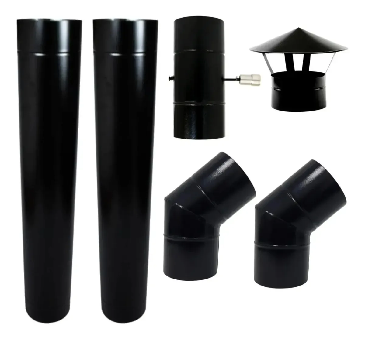 Kit Chaminé com 2 Dutos, Curva 45, Chapéu e Damper de 8 Polegadas, Preto