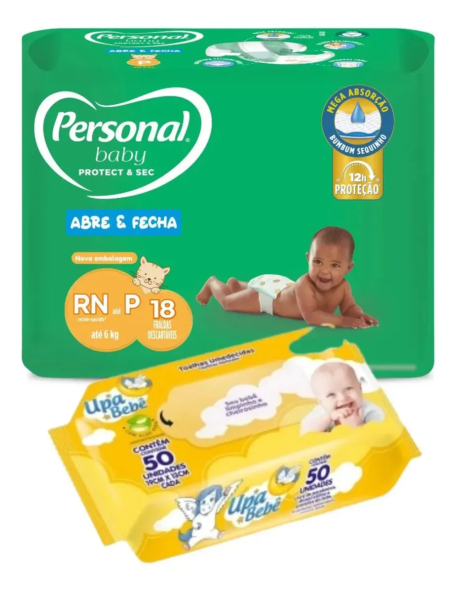 Kit Bebê Fralda Personal Baby + Toalha Umedecida Upa 50 Un P - Até 6 Kg