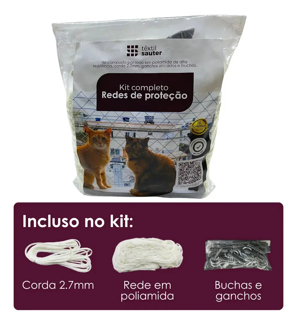 Rede De Proteção P/ Gatos Kit Completo Branco 1,20x1,20m Branco