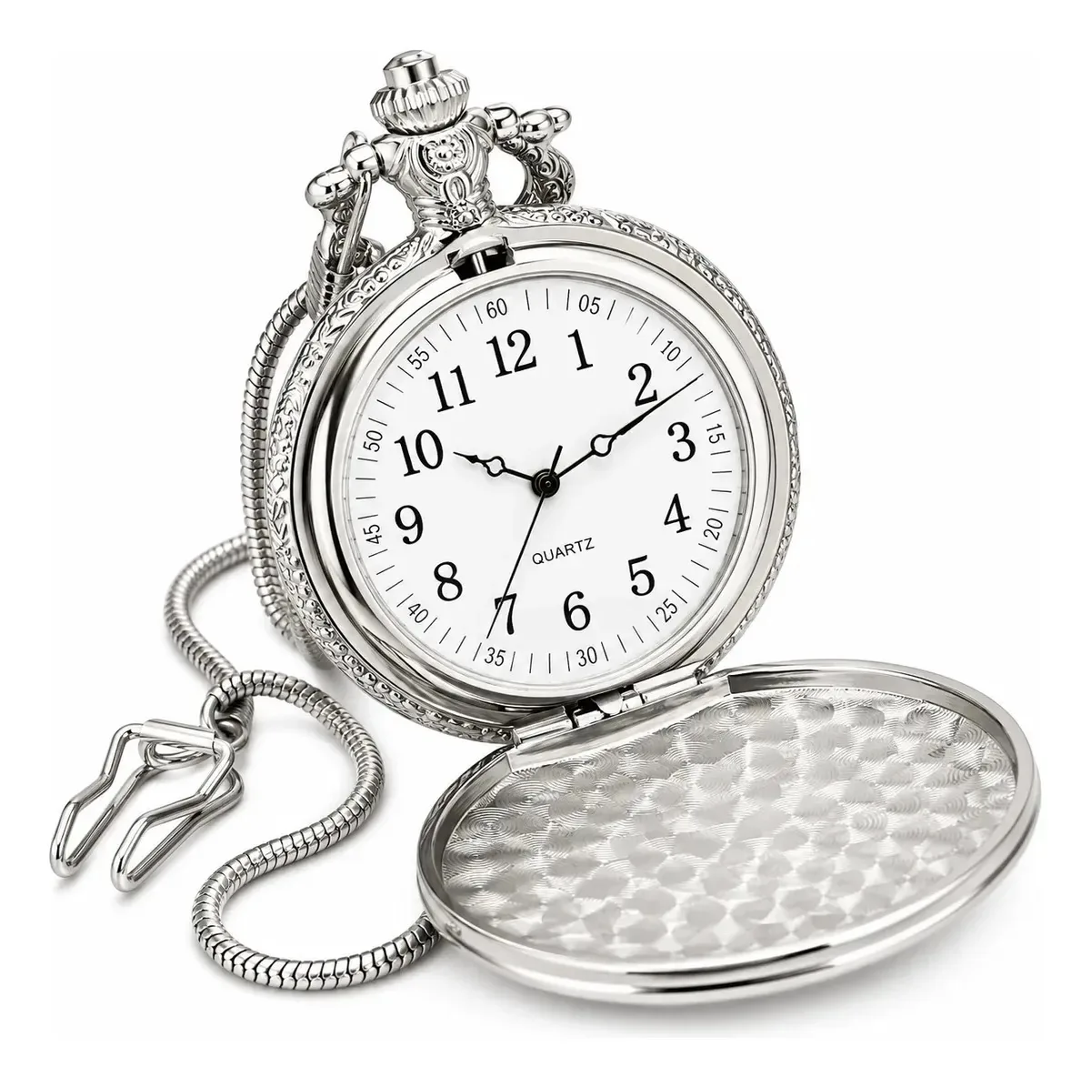 Relógio De Bolso Prata Vintage Retrô Antigo Com Corrente Prata