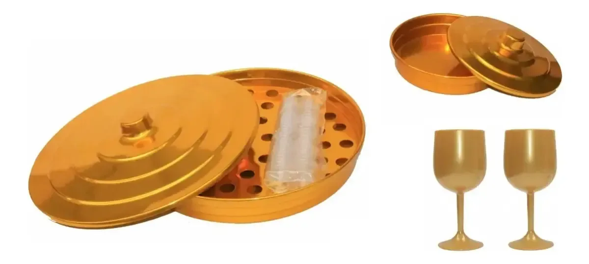 Kit Bandejas Maranata para Santa Ceia Dourado de Alumínio com Cálices e Pães