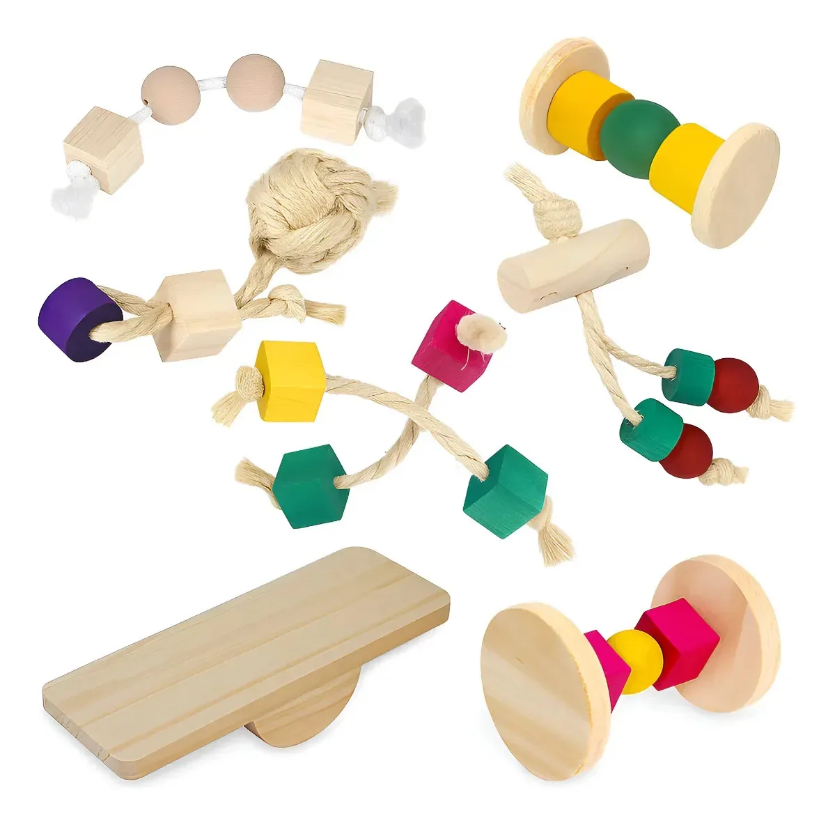 Kit 7 Brinquedos Para Hamster Coelho Roedores Porquinho da India Chinchila Camundongo Madeira Pinus Tinta Atoxica Anti Stress Golden Pets