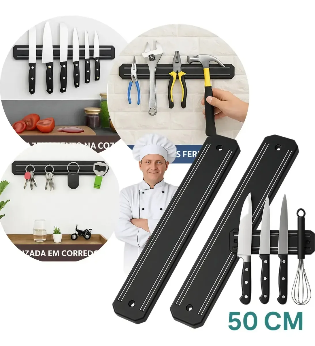 Kit 2 Barras Magnetica Organizadora Facas E Ferramentas 50cm Preto