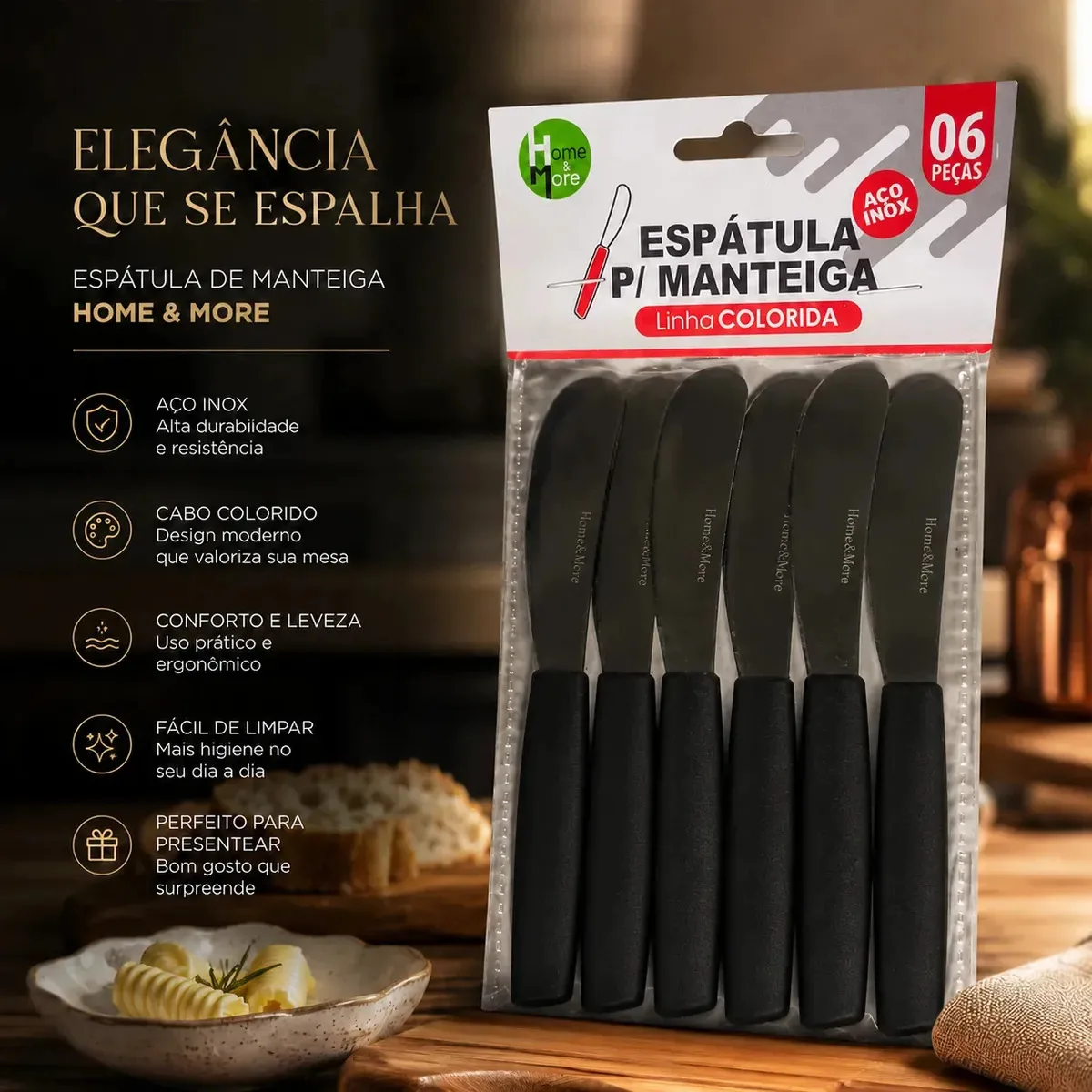 Kit 6 Espátulas de Manteiga em Inox com Cabo Plástico Preto
