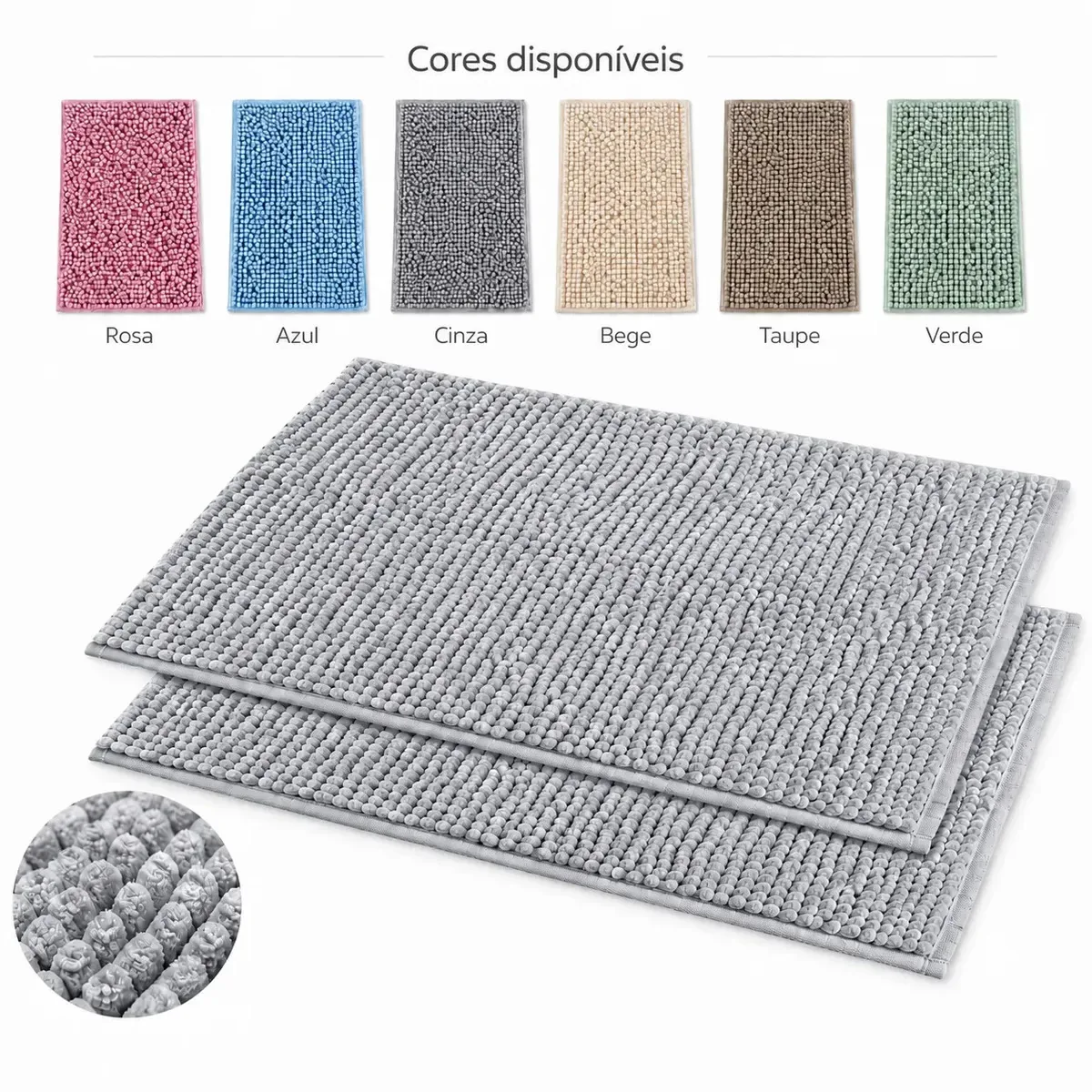 Kit 2 Tapetes para Banheiro Microfibra 38x58cm Antiderrapante Absorvente Macio Lavável em Máquina Bolinha Dedinho Chenille Seca os Pés Cor Cinza